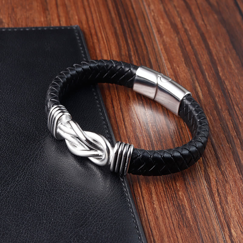Buddha Stones Endless Knot Pattern Titanium Steel Balance Leather Buckle Bracelet