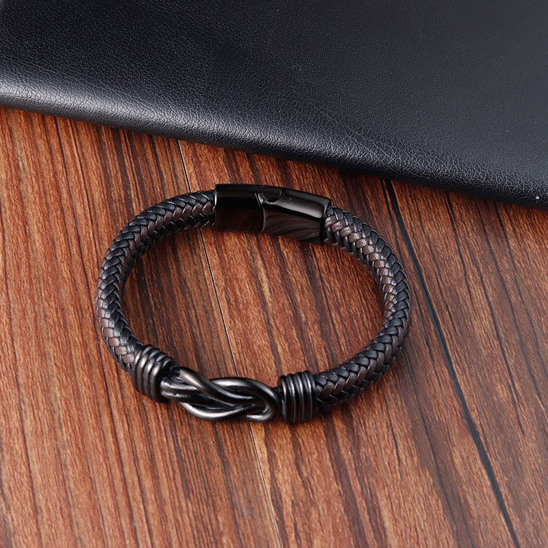 Buddha Stones Endless Knot Pattern Titanium Steel Balance Leather Buckle Bracelet