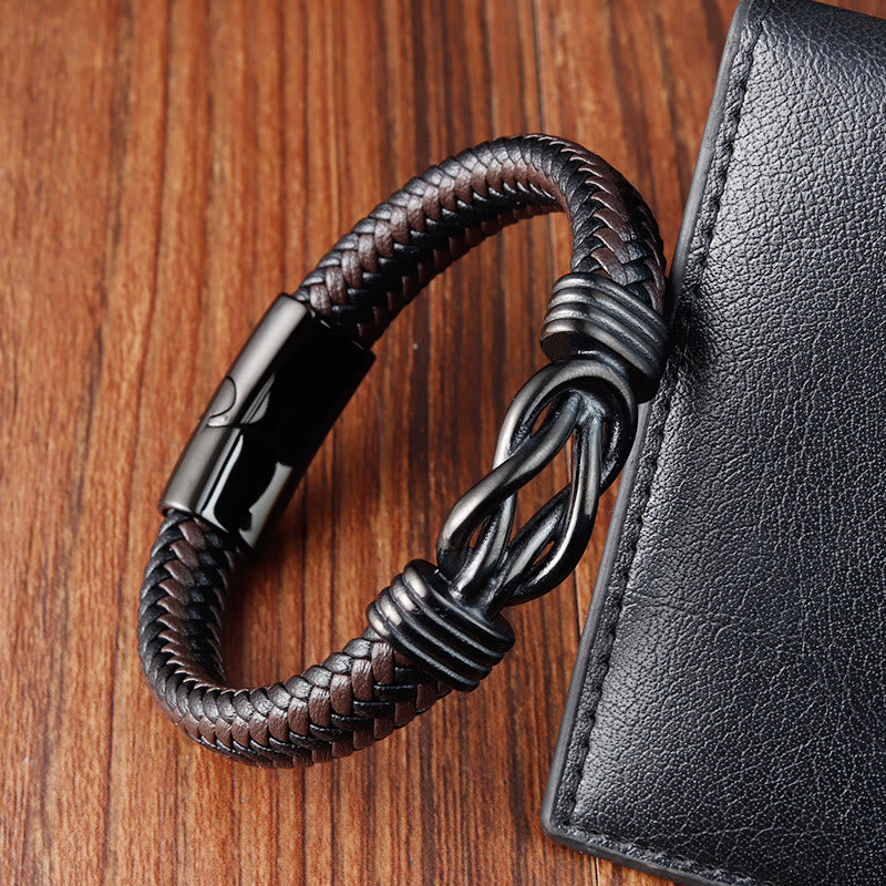 Buddha Stones Endless Knot Pattern Titanium Steel Balance Leather Buckle Bracelet