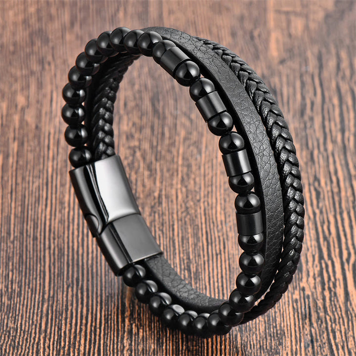 Buddha Stones Frosted Stone Multi-layer Leather Titanium Steel Balance Buckle Bracelet