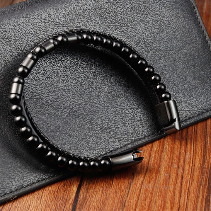 Buddha Stones Frosted Stone Multi-layer Leather Titanium Steel Balance Buckle Bracelet