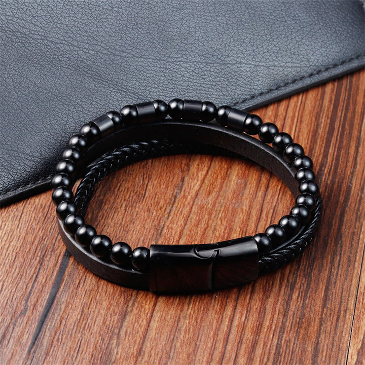 Buddha Stones Frosted Stone Multi-layer Leather Titanium Steel Balance Buckle Bracelet