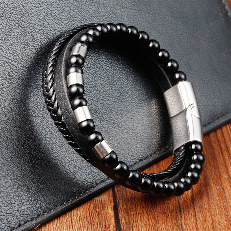 Buddha Stones Frosted Stone Multi-layer Leather Titanium Steel Balance Buckle Bracelet