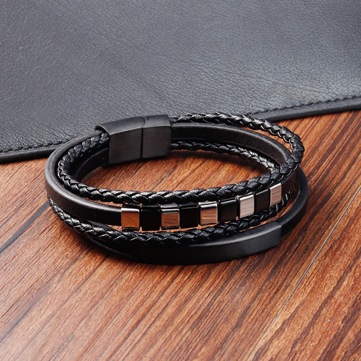Buddha Stones Square Titanium Steel Leather Multi-layer Buckle Calm Bracelet