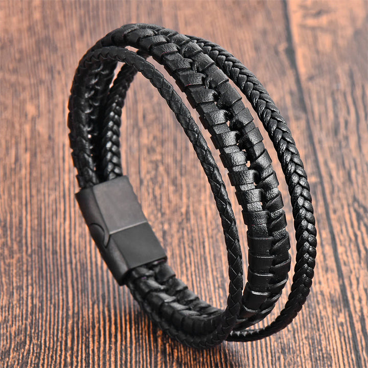 Buddha Stones Simple Braided Pattern Titanium Steel Strengthen Multi-layer Leather Buckle Bracelet