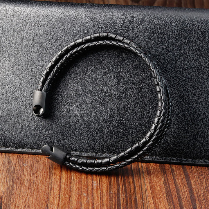 Buddha Stones Simple Braided Pattern Titanium Steel Strengthen Multi-layer Leather Buckle Bracelet