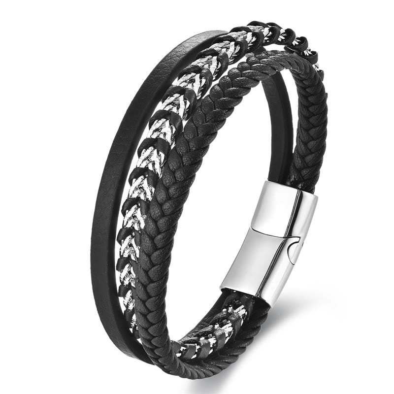 Buddha Stones Braided Design Titanium Steel Calm Multi-layer Leather Buckle Bracelet