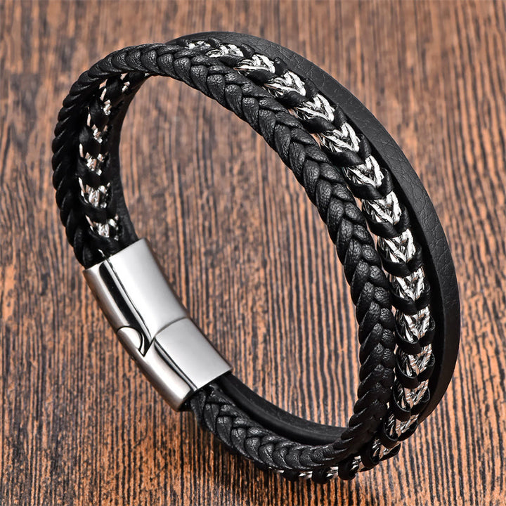 Buddha Stones Braided Design Titanium Steel Calm Multi-layer Leather Buckle Bracelet
