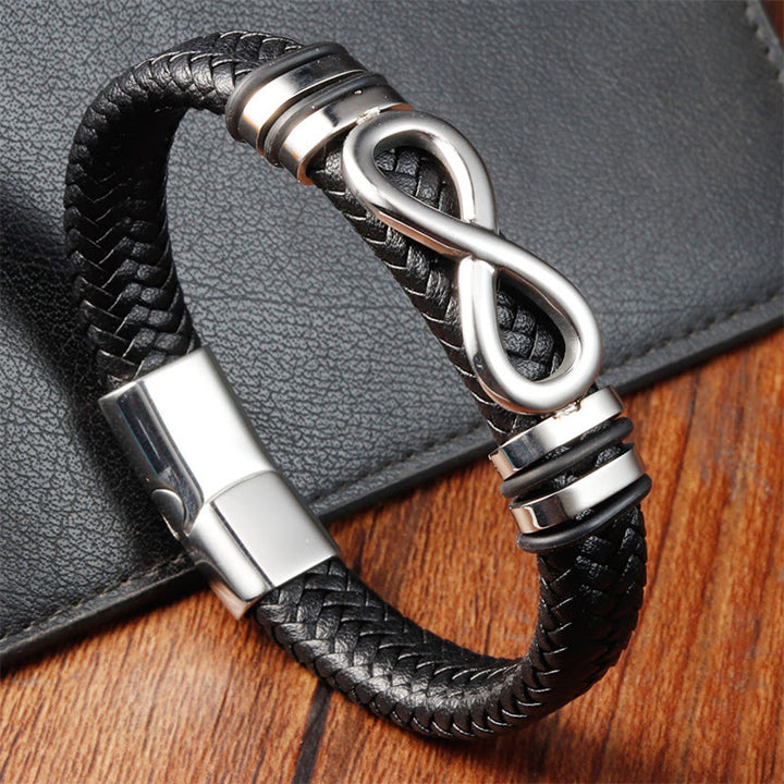 Buddha Stones Endless Knot Design Titanium Steel Strengthen Braided Leather Buckle Bracelet