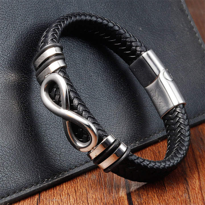 Buddha Stones Endless Knot Design Titanium Steel Strengthen Braided Leather Buckle Bracelet