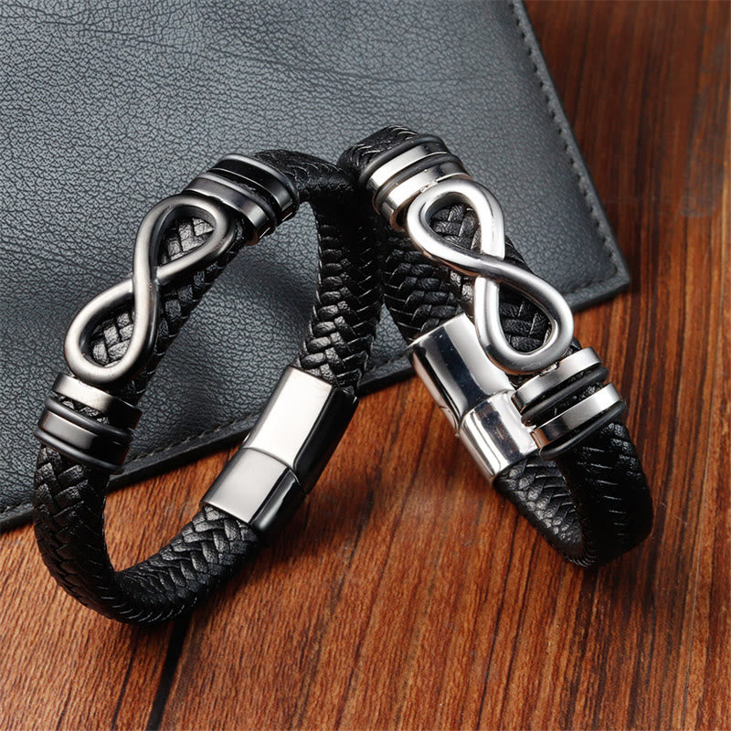 Buddha Stones Endless Knot Design Titanium Steel Strengthen Braided Leather Buckle Bracelet