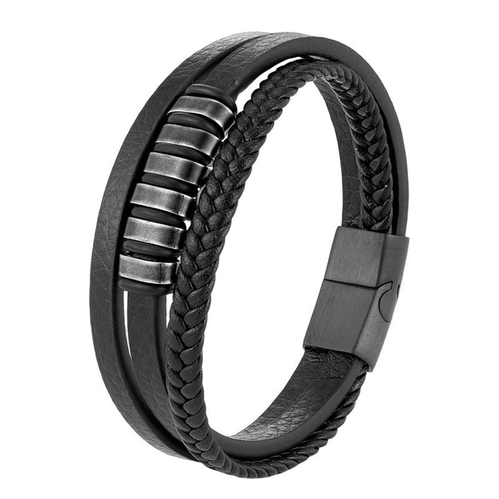 Buddha Stones Simple Titanium Steel Braided Three-layer Leather Buckle Calm Bracelet