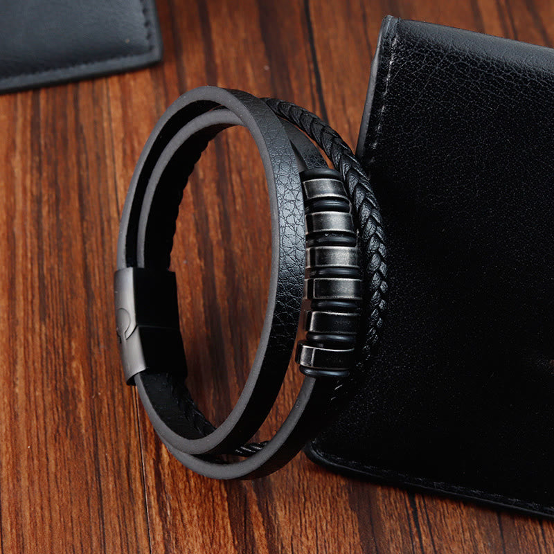 Buddha Stones Simple Titanium Steel Braided Three-layer Leather Buckle Calm Bracelet