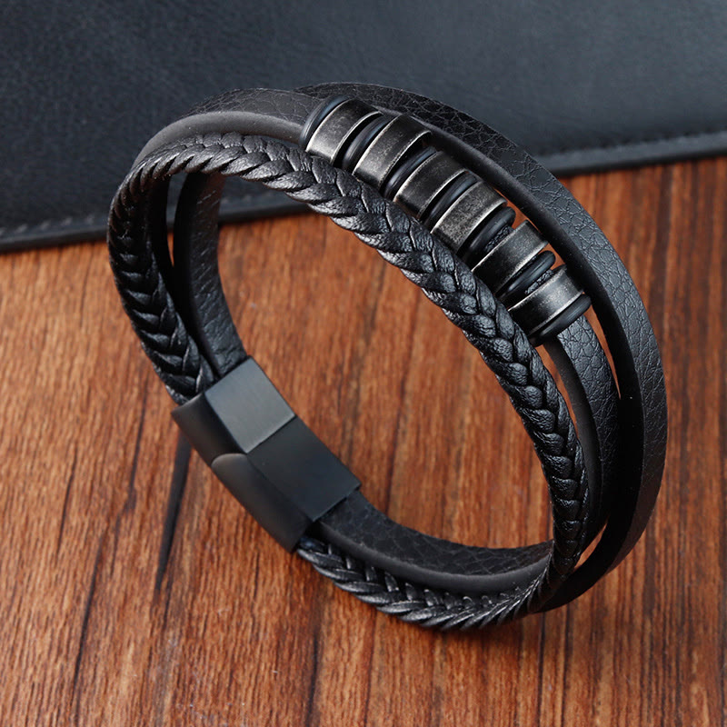 Buddha Stones Simple Titanium Steel Braided Three-layer Leather Buckle Calm Bracelet