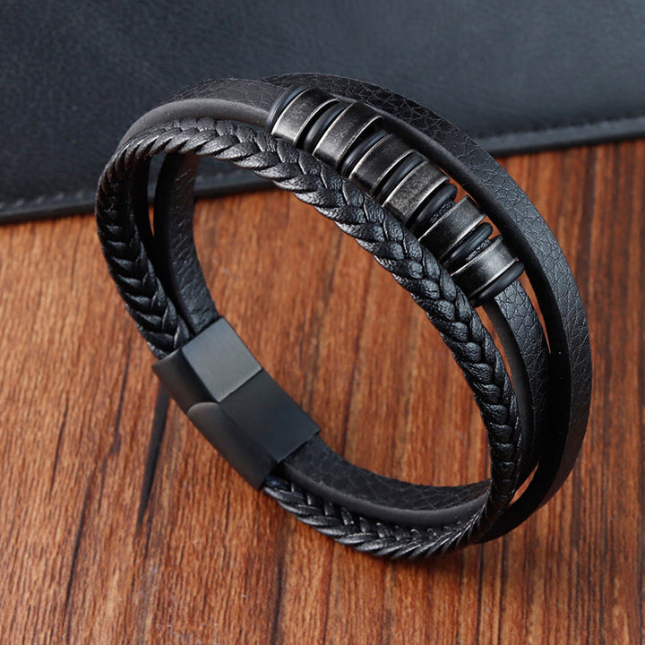 Buddha Stones Simple Titanium Steel Braided Three-layer Leather Buckle Calm Bracelet