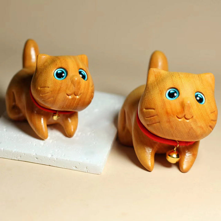 Buddha Stones Mini Sandalwood Carved Lucky Confident Cat Healing Decoration - image 6