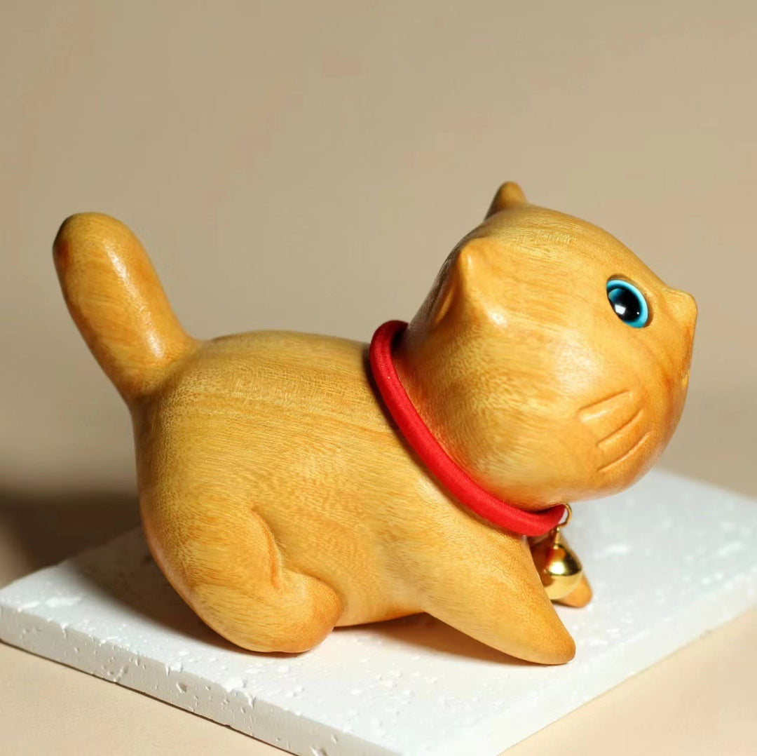 Buddha Stones Mini Sandalwood Carved Lucky Confident Cat Healing Decoration - image 2
