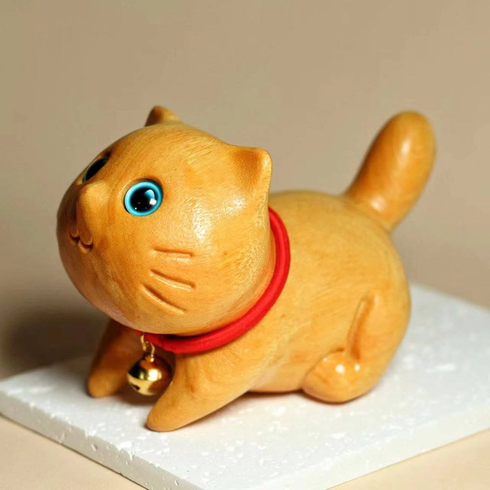 Buddha Stones Mini Sandalwood Carved Lucky Confident Cat Healing Decoration - image 1