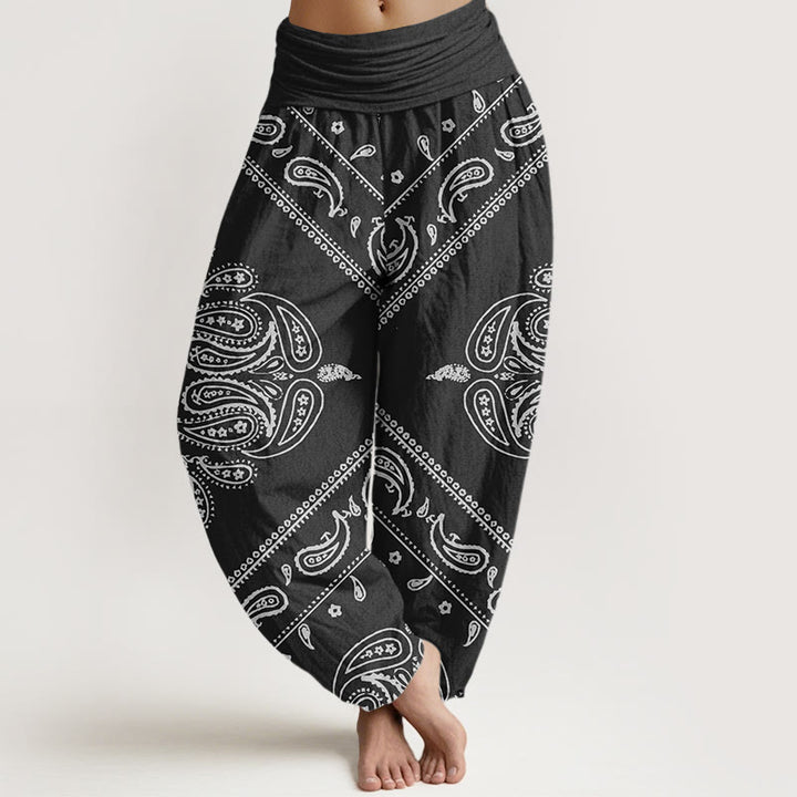 Buddha Stones Casual Floral Leaf Paisley Pattern Women's Elastic Waist Harem Pants - Black - US22，UK/AU26，EU54 (6XL) - image 1