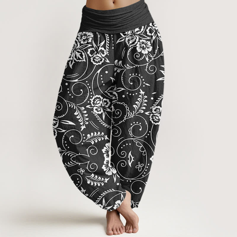 Buddha Stones Casual Floral Swirling Vines Pattern Women's Elastic Waist Harem Pants - Black - US22，UK/AU26，EU54 (6XL) - image 8