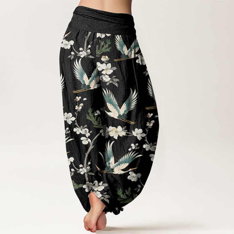 Buddha Stones Casual Flying Crane Flower Pattern Women's Elastic Waist Harem Pants - image 3