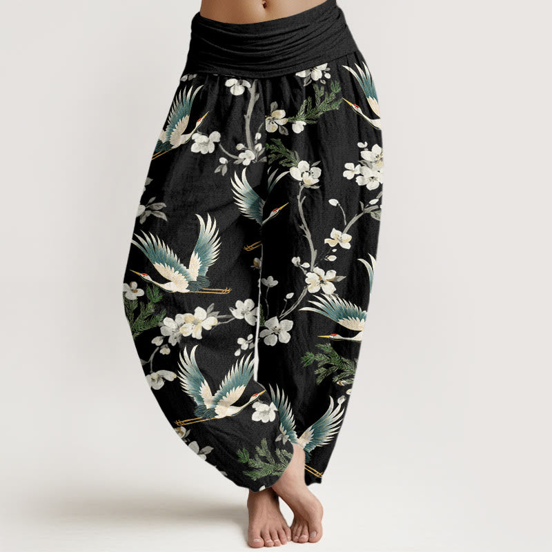 Buddha Stones Casual Flying Crane Flower Pattern Women's Elastic Waist Harem Pants - Black - US22，UK/AU26，EU54 (6XL) - image 1