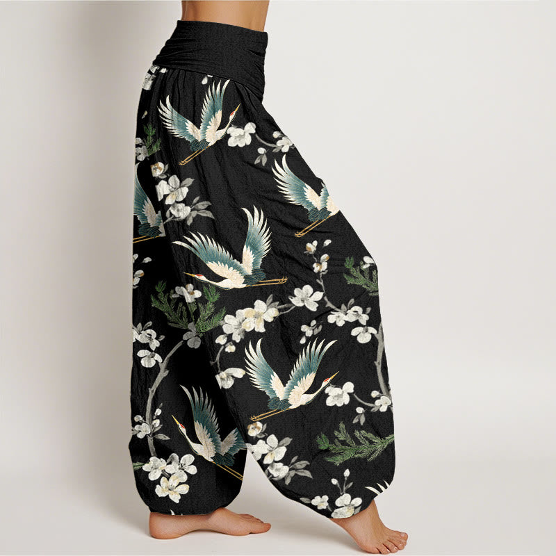 Buddha Stones Casual Flying Crane Flower Pattern Women's Elastic Waist Harem Pants - image 2