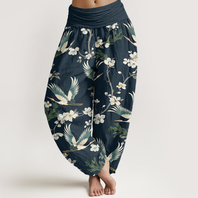 Buddha Stones Casual Flying Crane Flower Pattern Women's Elastic Waist Harem Pants - Navy - US22，UK/AU26，EU54 (6XL) - image 5