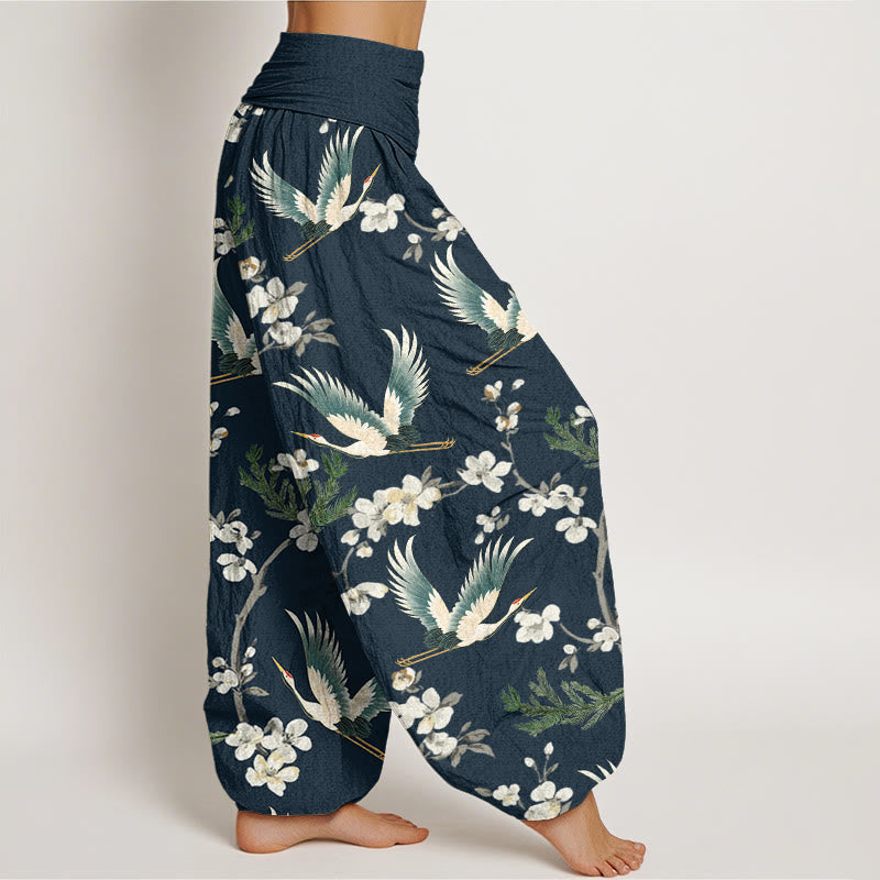 Buddha Stones Casual Flying Crane Flower Pattern Women's Elastic Waist Harem Pants - image 6