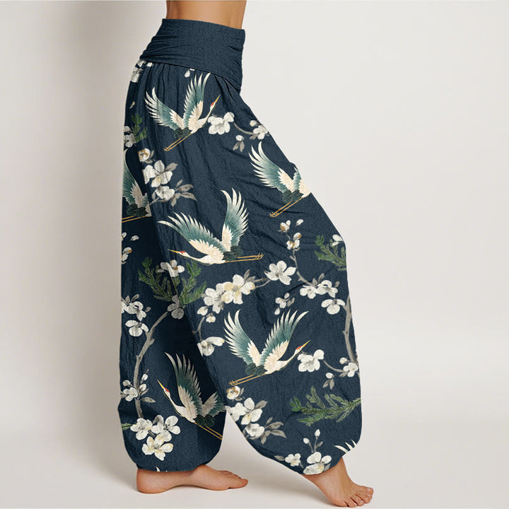 Buddha Stones Casual Flying Crane Flower Pattern Women's Elastic Waist Harem Pants - image 6