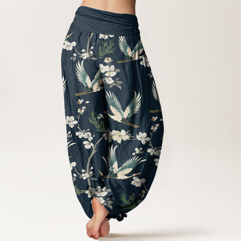 Buddha Stones Casual Flying Crane Flower Pattern Women's Elastic Waist Harem Pants - image 7