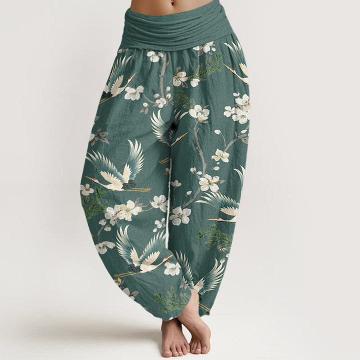 Buddha Stones Casual Flying Crane Flower Pattern Women's Elastic Waist Harem Pants - MediumAquamarine - US22，UK/AU26，EU54 (6XL) - image 8