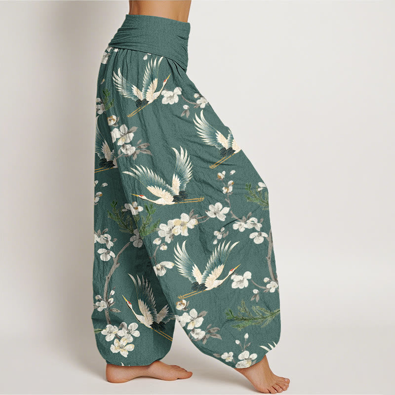 Buddha Stones Casual Flying Crane Flower Pattern Women's Elastic Waist Harem Pants - image 9