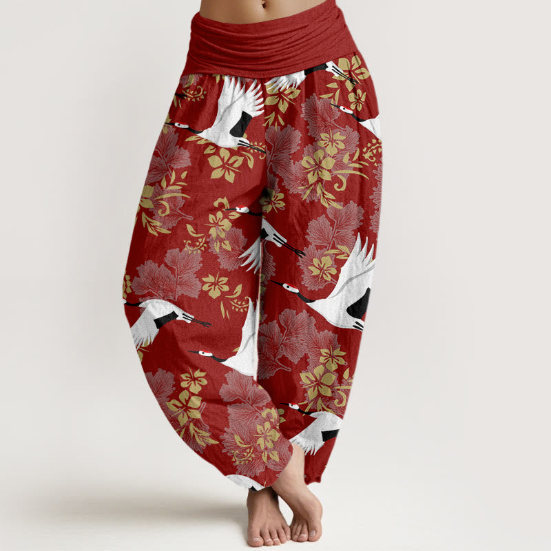 Buddha Stones Casual Flying Crane Cherry Blossoms Pattern Women's Elastic Waist Harem Pants - FireBrick - US22，UK/AU26，EU54 (6XL) - image 1
