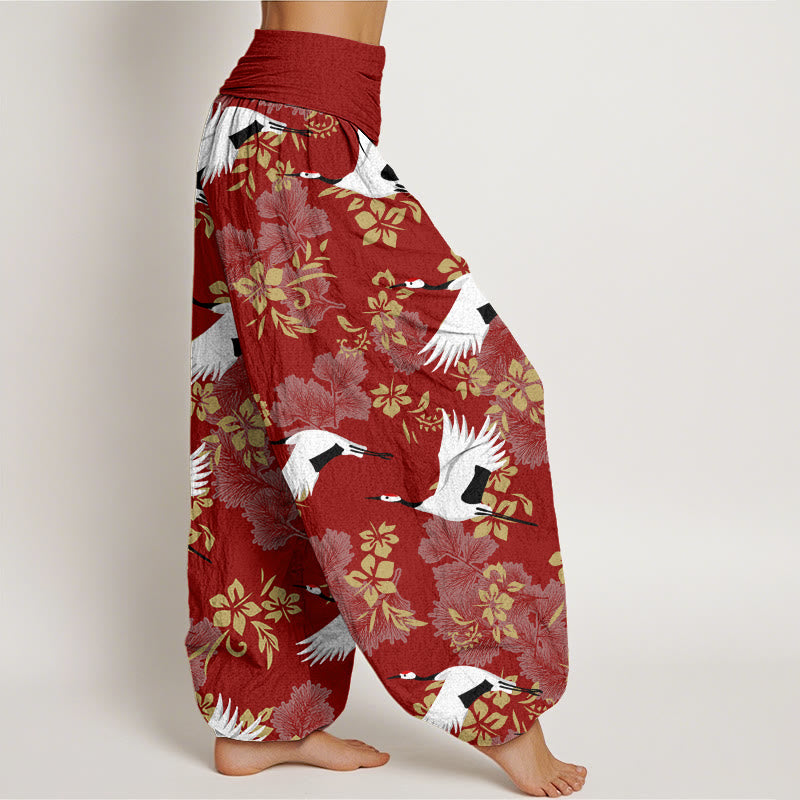 Buddha Stones Casual Flying Crane Cherry Blossoms Pattern Women's Elastic Waist Harem Pants - image 2