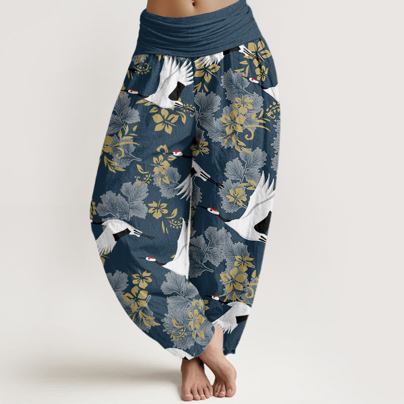 Buddha Stones Casual Flying Crane Cherry Blossoms Pattern Women's Elastic Waist Harem Pants - SteelBlue - US22，UK/AU26，EU54 (6XL) - image 5