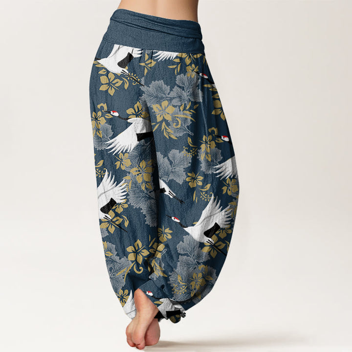 Buddha Stones Casual Flying Crane Cherry Blossoms Pattern Women's Elastic Waist Harem Pants - image 7