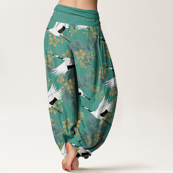 Buddha Stones Casual Flying Crane Cherry Blossoms Pattern Women's Elastic Waist Harem Pants - image 9
