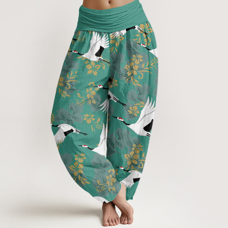 Buddha Stones Casual Flying Crane Cherry Blossoms Pattern Women's Elastic Waist Harem Pants - LightSeaGreen - US22，UK/AU26，EU54 (6XL) - image 8