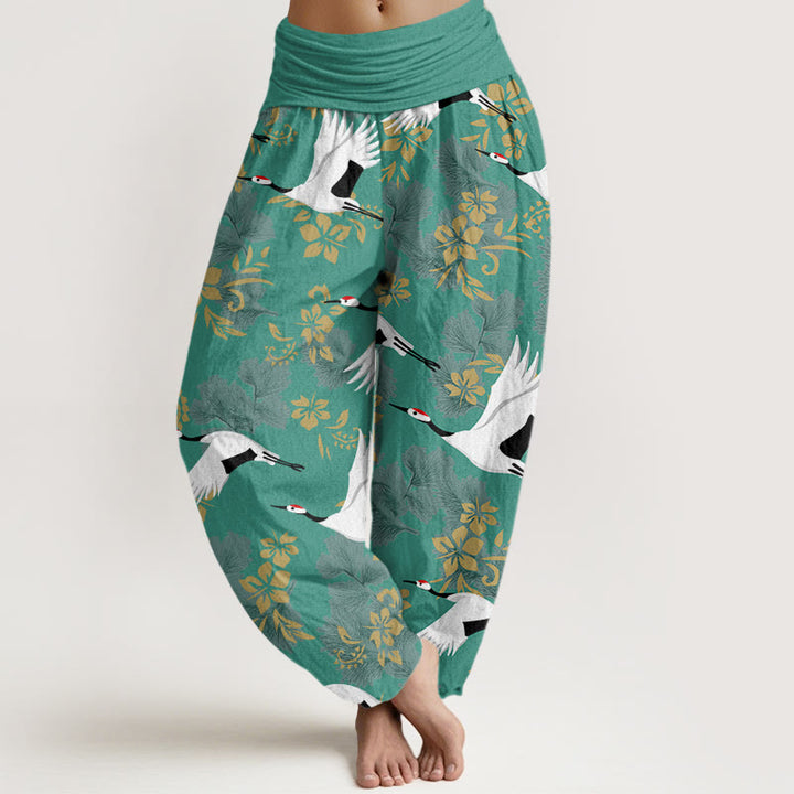 Buddha Stones Casual Flying Crane Cherry Blossoms Pattern Women's Elastic Waist Harem Pants - LightSeaGreen - US22，UK/AU26，EU54 (6XL) - image 8