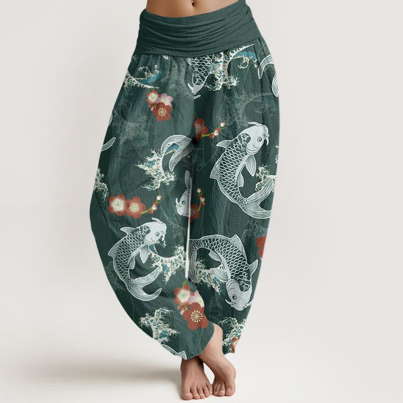 Buddha Stones Casual Koi Fish Cherry Blossoms Pattern Women's Elastic Waist Harem Pants - DarkCyan - US22，UK/AU26，EU54 (6XL) - image 1