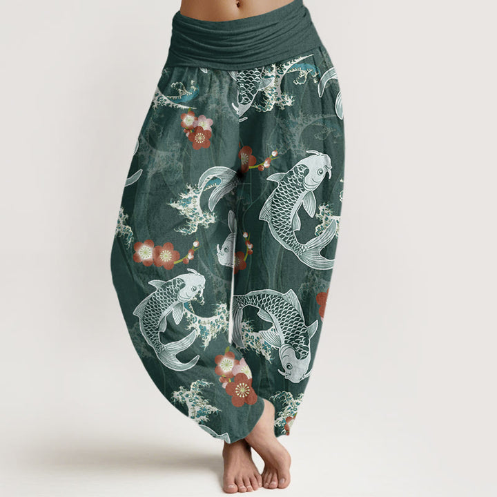 Buddha Stones Casual Koi Fish Cherry Blossoms Pattern Women's Elastic Waist Harem Pants - DarkCyan - US22，UK/AU26，EU54 (6XL) - image 1