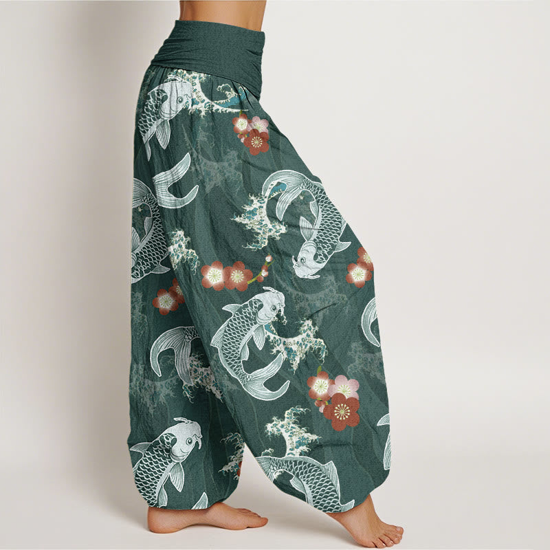 Buddha Stones Casual Koi Fish Cherry Blossoms Pattern Women's Elastic Waist Harem Pants - image 2