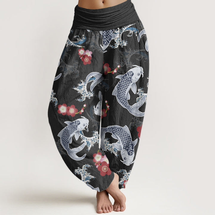 Buddha Stones Casual Koi Fish Cherry Blossoms Pattern Women's Elastic Waist Harem Pants - Black - US22，UK/AU26，EU54 (6XL) - image 5