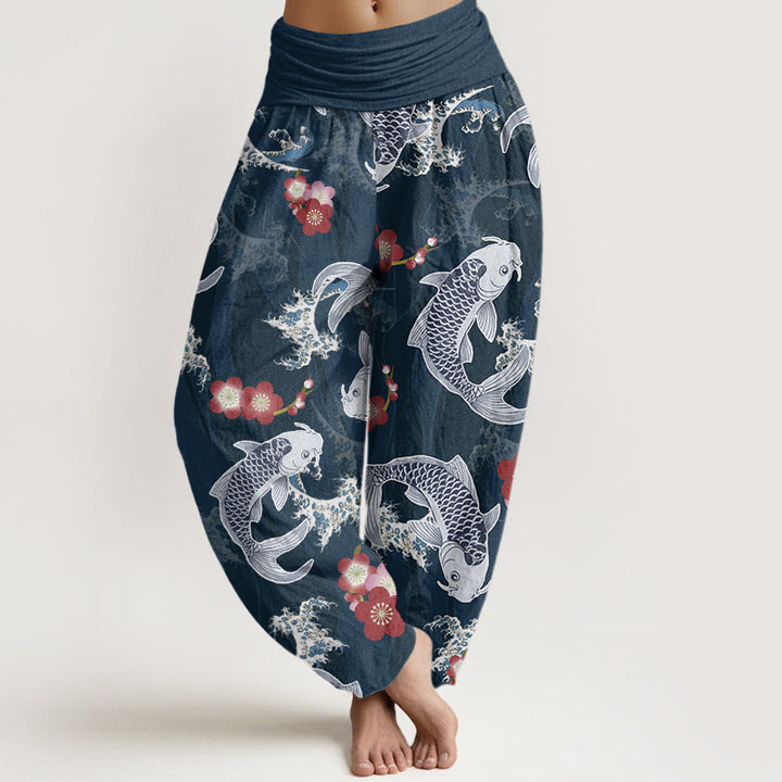 Buddha Stones Casual Koi Fish Cherry Blossoms Pattern Women's Elastic Waist Harem Pants - SteelBlue - US22，UK/AU26，EU54 (6XL) - image 8