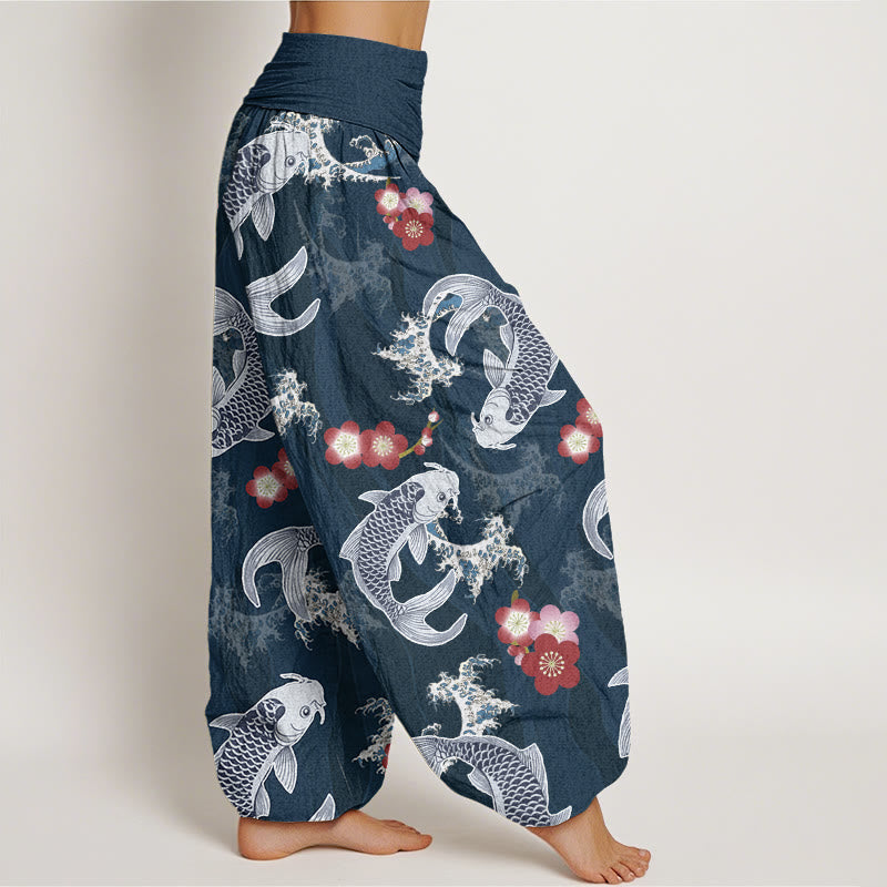 Buddha Stones Casual Koi Fish Cherry Blossoms Pattern Women's Elastic Waist Harem Pants - image 9