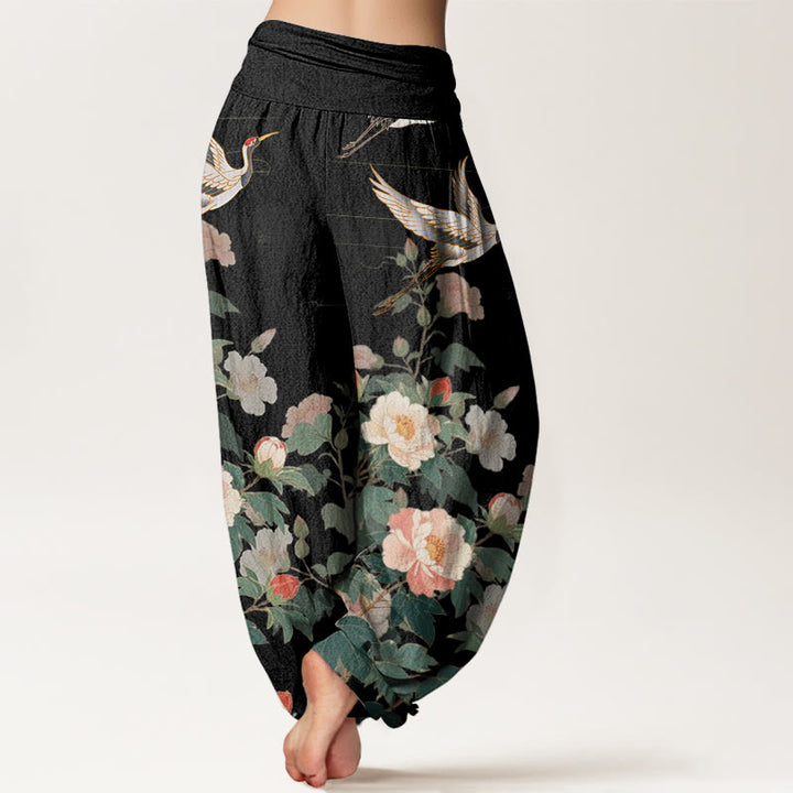 Buddha Stones Casual Crane Peony Pattern Women's Elastic Waist Harem Pants - image 3