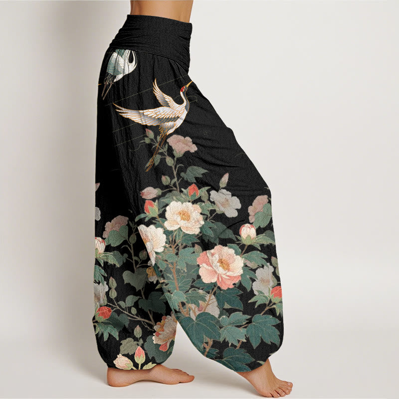 Buddha Stones Casual Crane Peony Pattern Women's Elastic Waist Harem Pants - image 2