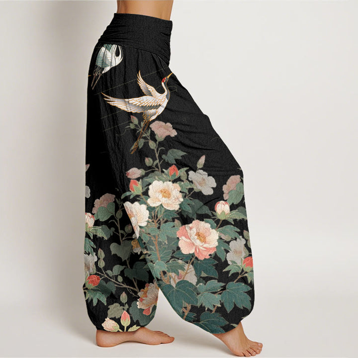 Buddha Stones Casual Crane Peony Pattern Women's Elastic Waist Harem Pants - image 2