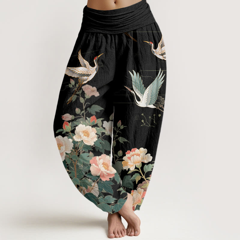 Buddha Stones Casual Crane Peony Pattern Women's Elastic Waist Harem Pants - Black - US22，UK/AU26，EU54 (6XL) - image 1